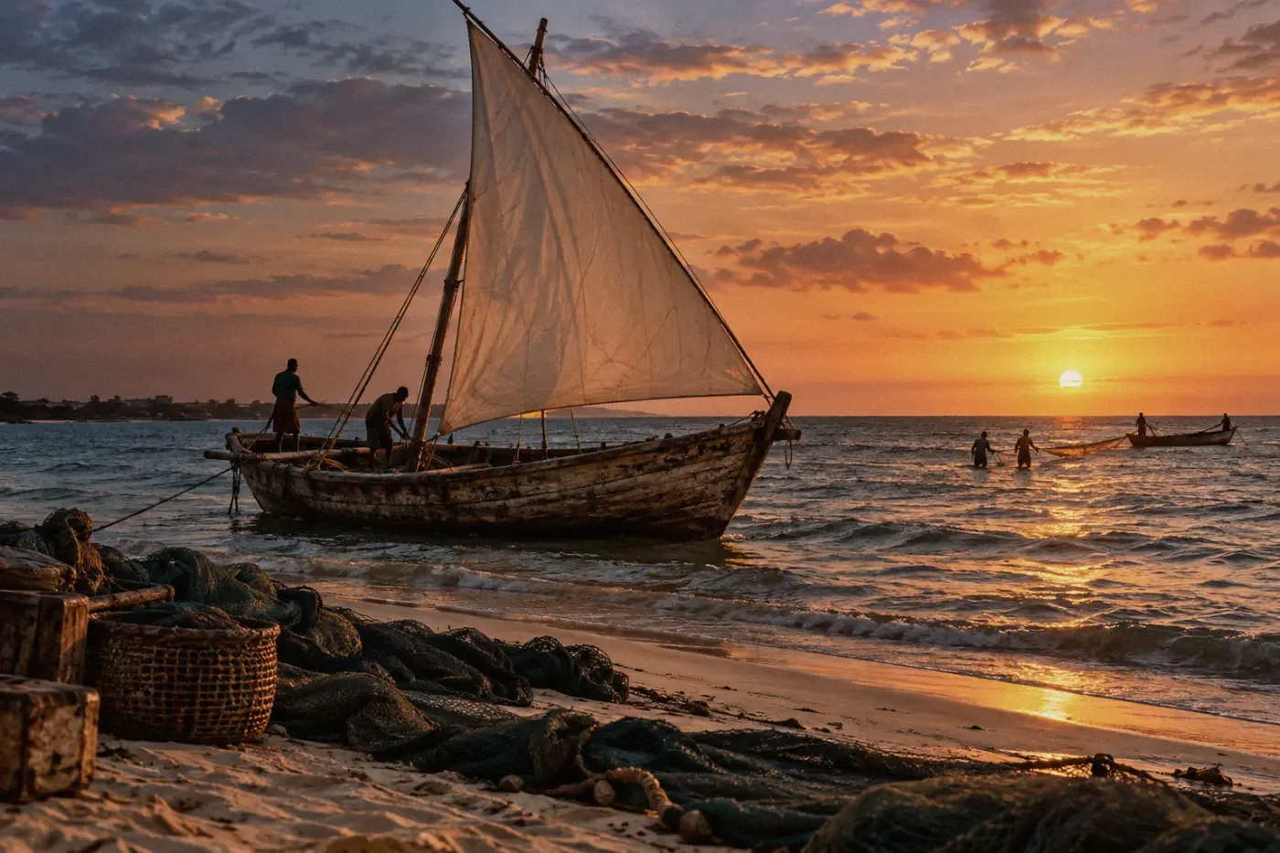 Traditional wooden dhow and fishing nets in golden coastal light