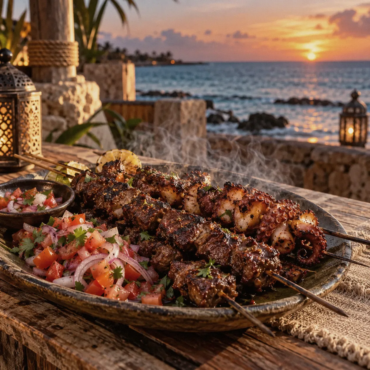 Smoky mishkaki skewers served on a dark plate