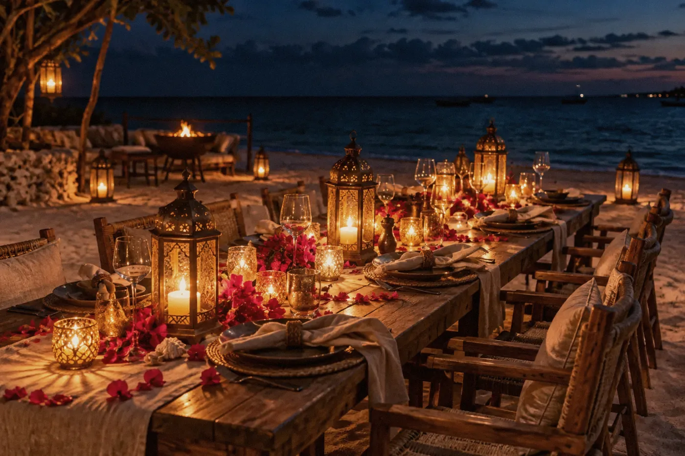 Long candle-lit celebration table set on the sand at night
