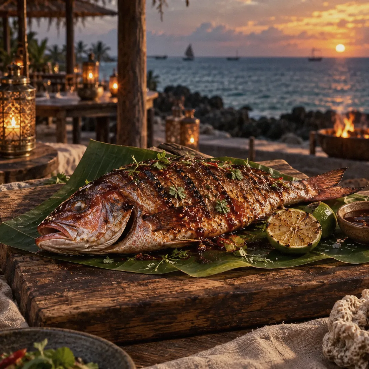 Whole grilled snapper with coastal accompaniments