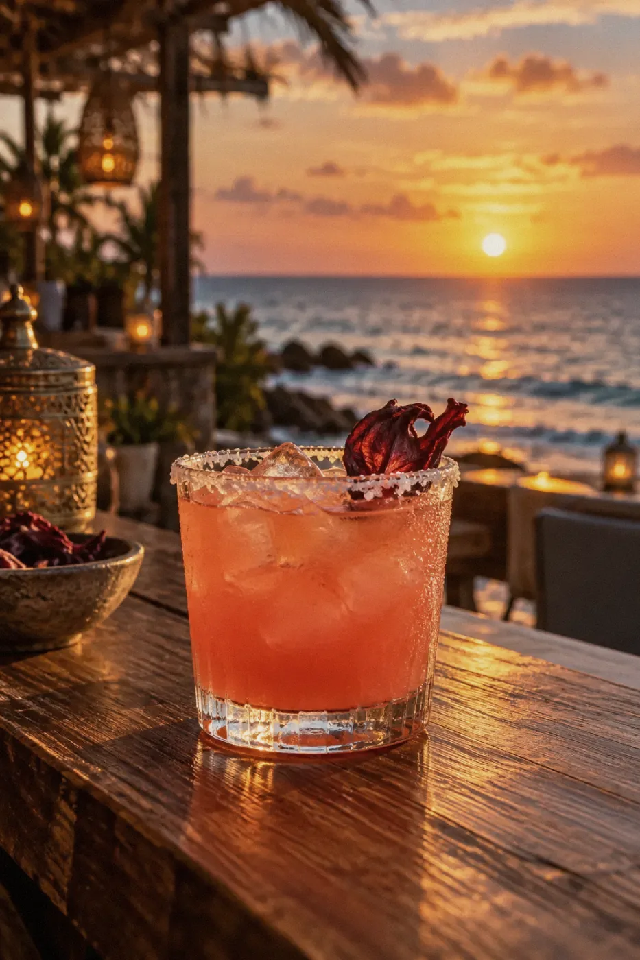 Coral-coloured cocktail on a teak bar in sunset light