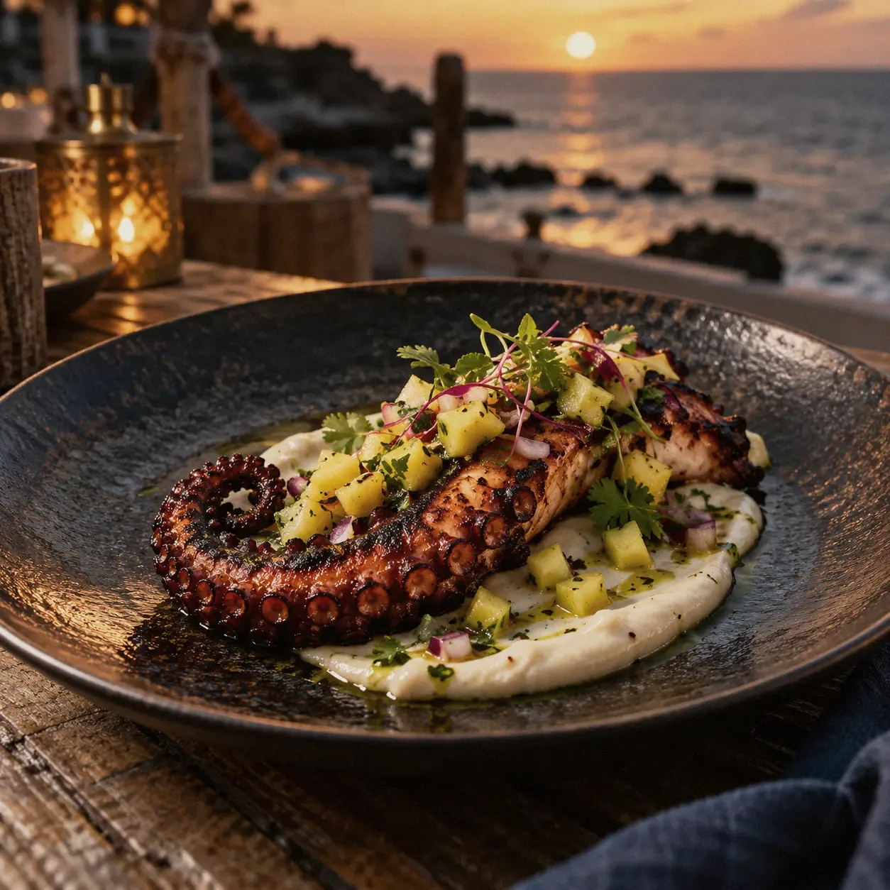 Grilled octopus on a dark ceramic plate