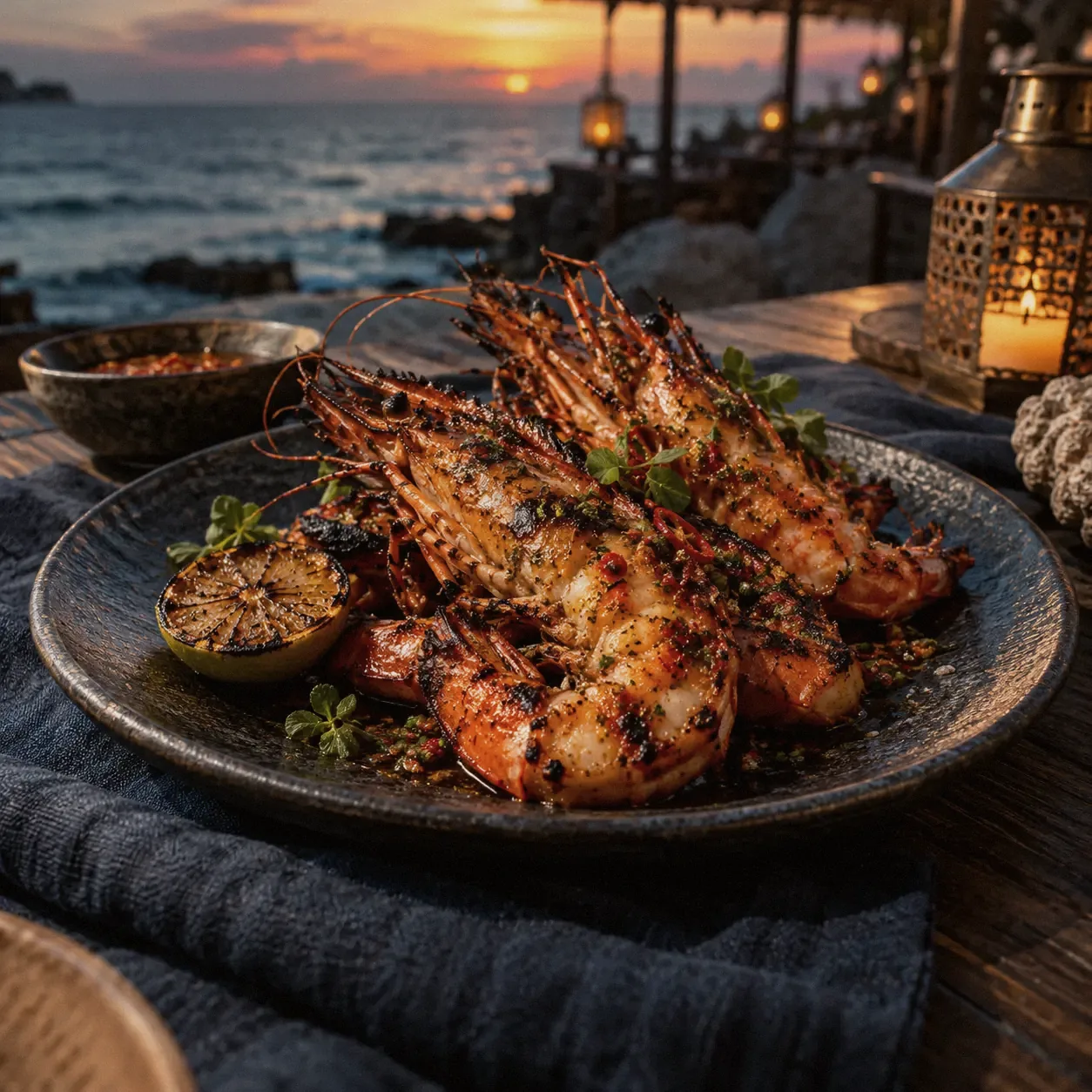 Charcoal prawns dressed with lime and chilli