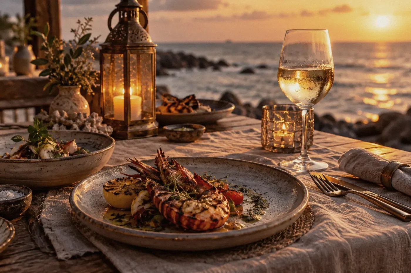 Linen-covered table with wine and a lantern at sunset