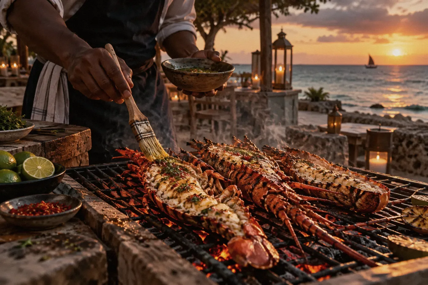 Chef basting lobster by hand over glowing coals