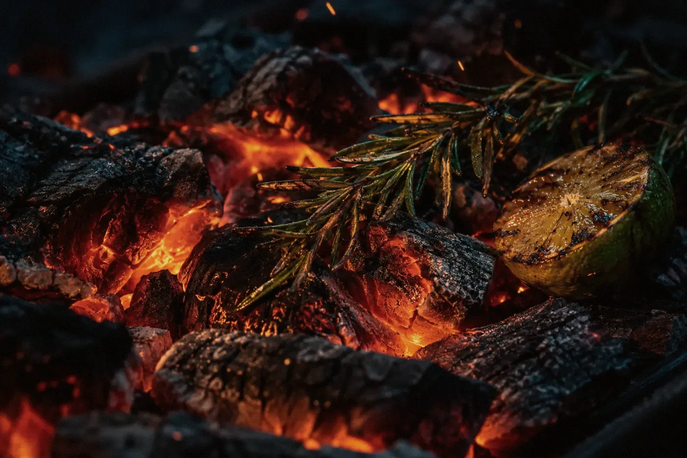 Glowing charcoal embers in the open-fire kitchen