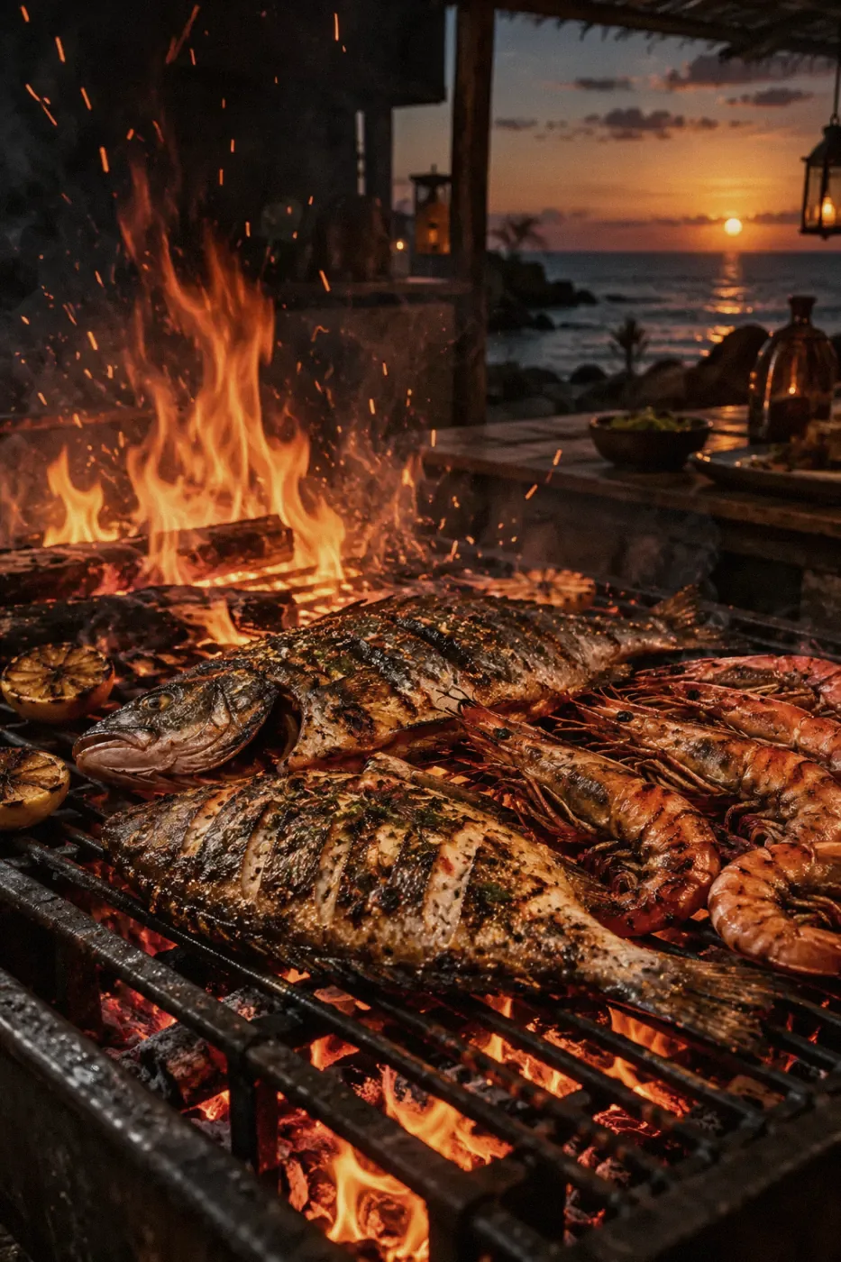 Whole fish and prawns cooking over an open charcoal flame